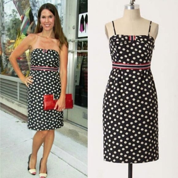 Anthropologie Maeve Polka Dot Peppered Strapless Dress Size 2‎ Bow Tie Neck Boho - Picture 1 of 13